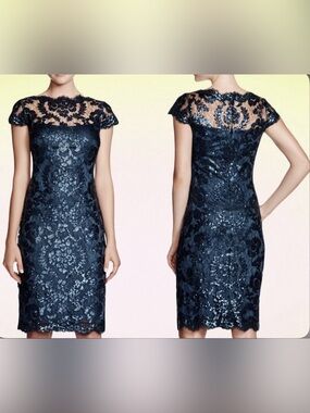 LN WOMENS SZ 6 TADASHI SHOJI ILLUSION SEQUIN DRESS DARK BLUE
